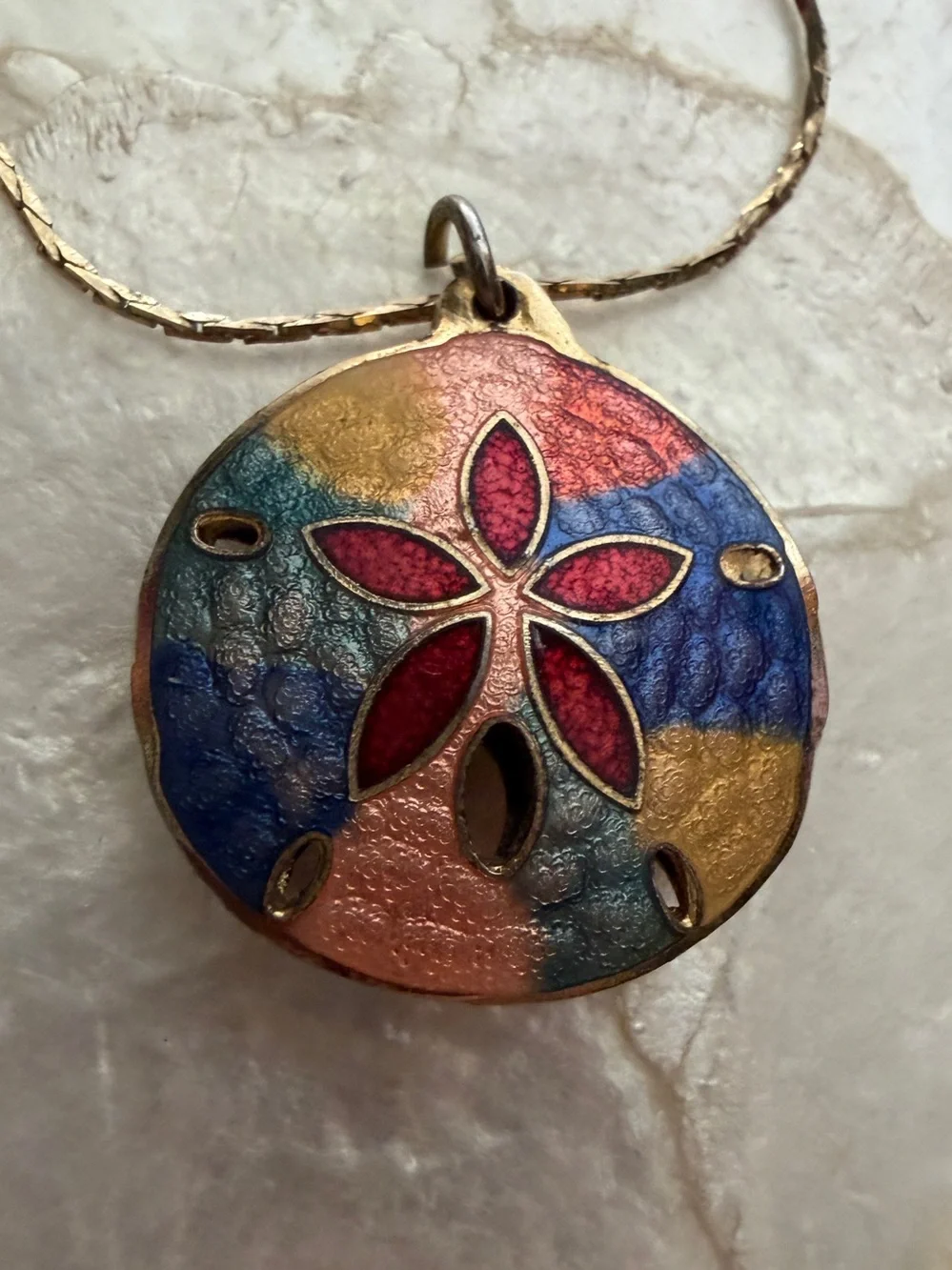 Vintage Cloisonné Enamel Sand Dollar Necklace Gold Tone Coastal Beach Boho
